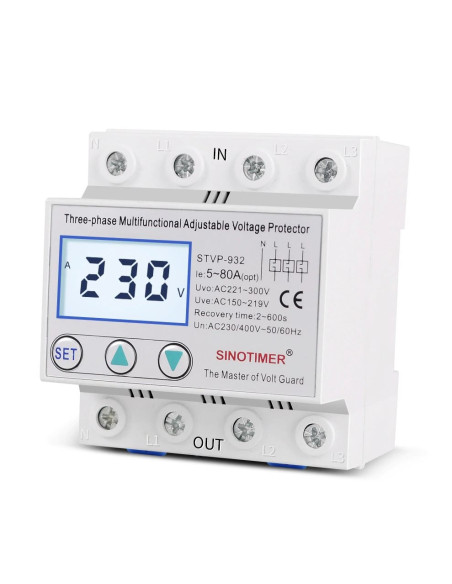 Releu trifazic, siguranta digitala  de protectie tensiune, Sinotimer, 380V, 50A, recuperare automata, STVP-932-50A