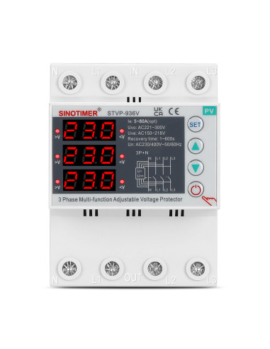 Releu trifazic SINOTIMER, siguranta digitala de protectie tensiune trifazic 80A,  recuperare automata, STVP936V-80A