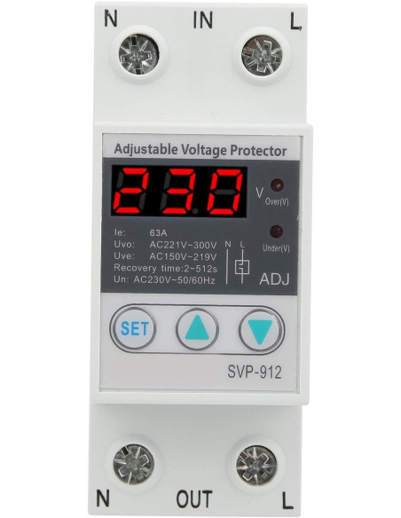 Releu monofazic protectie tensiune programabil, Sinotimer, 63A, ecran digital LED, recuperare automata, SVP-912-63A