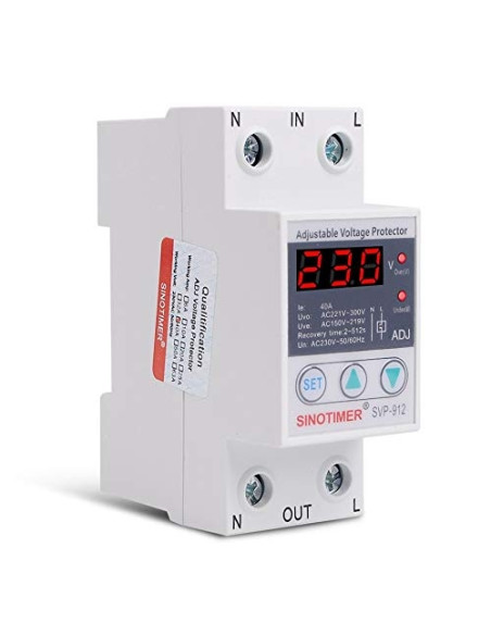 Releu de protectie tensiune monofazic, Sinotimer, 40A, ecran digital LED, recuperare automata, SVP-912-40A