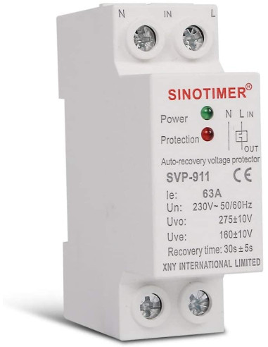 Releu siguranta digitala  de protectie tensiune, Sinotimer, 63A, 230V,  recuperare automata, SVP-911-63A