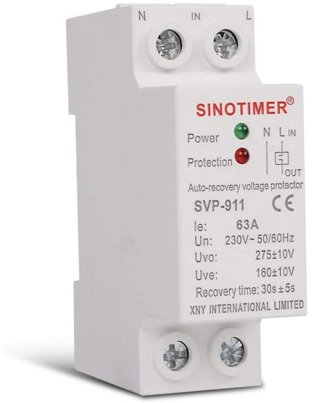 Releu siguranta digitala  de protectie tensiune, Sinotimer, 63A, 230V,  recuperare automata, SVP-911-63A