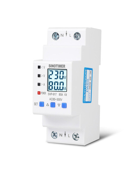 Releu siguranta digitala protectie tensiune, Sinotimer, intre 1- 63A programabil ,ecran  LED, arata consum kWh, SVP-917-63A