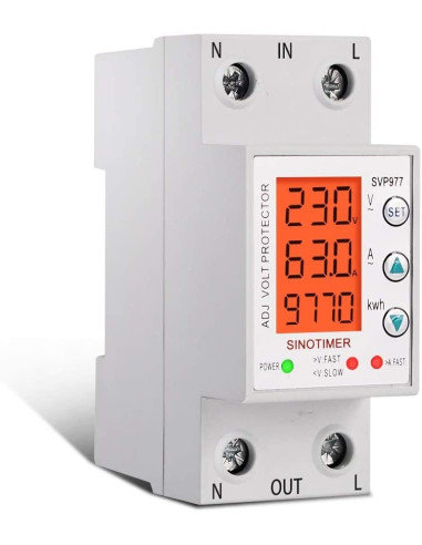 Releu siguranta digitala  de protectie tensiune, Sinotimer, programabil intre 1-63A, 220V,  recuperare automata, SVP-977