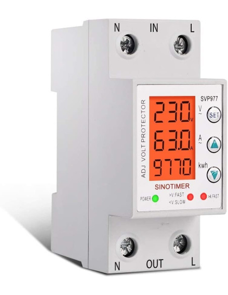 Releu siguranta digitala  de protectie tensiune, Sinotimer, programabil intre 1-63A, 220V,  recuperare automata, SVP-977