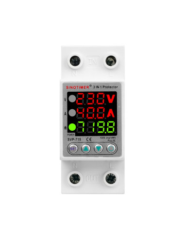 Releu digital monofazic de protectie tensiune, Sinotimer, si curent 1- 40A,  consum KW, ecran digital LED, SVP-719-40A