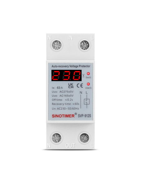 Protecție la supratensiune reglabilă pe șină DIN, reconectare automată, Sinotimer, SVP-912S-63A