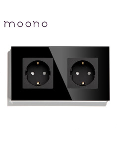 Priză dublă Schuko, ramă sticlă, pentru 2 doze, Moono, negru