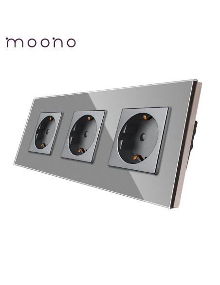 Priză triplă Schuko, ramă sticlă, Moono, gri