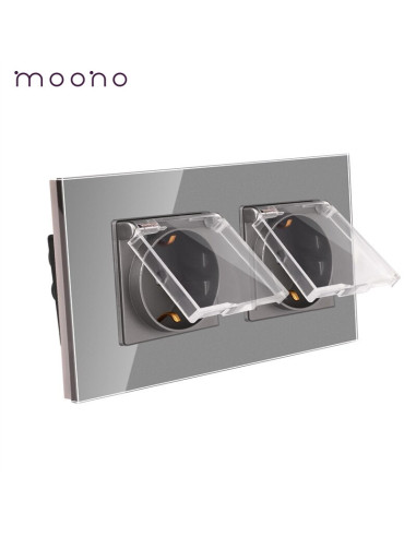 Priză dublă Schuko cu capac, ramă sticlă, pentru 2 doze, Moono, gri