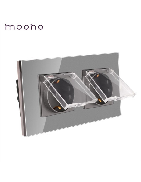 Priză dublă Schuko cu capac, ramă sticlă, pentru 2 doze, Moono, gri
