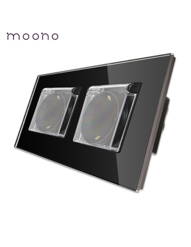 Priză dublă Schuko cu capac, ramă sticlă, pentru 2 doze, Moono, negru