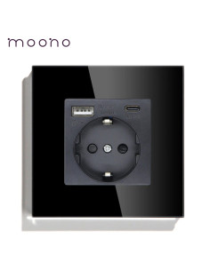 Priza Schuko + USB A + USB C, ramă din sticlă, Moono, negru
