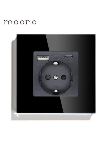 Priza Schuko + USB A + USB C, ramă din sticlă, Moono, negru