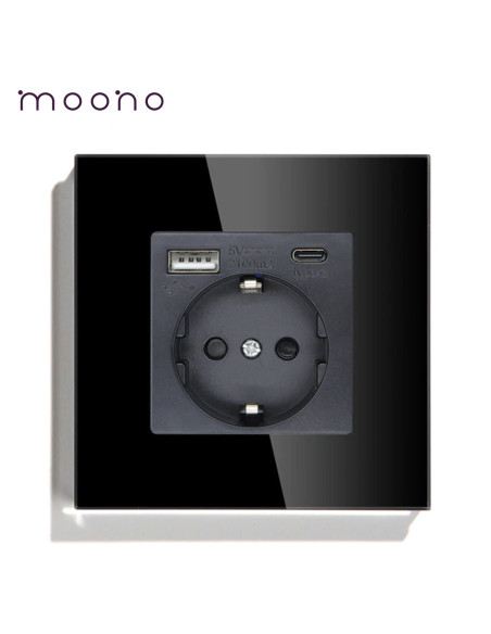 Priza Schuko + USB A + USB C, ramă din sticlă, Moono, negru