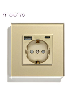 Priza Schuko + USB A + USB C, ramă din sticlă, Moono, auriu