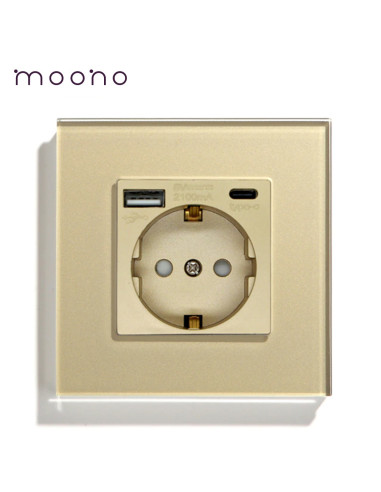 Priza Schuko + USB A + USB C, ramă din sticlă, Moono, auriu