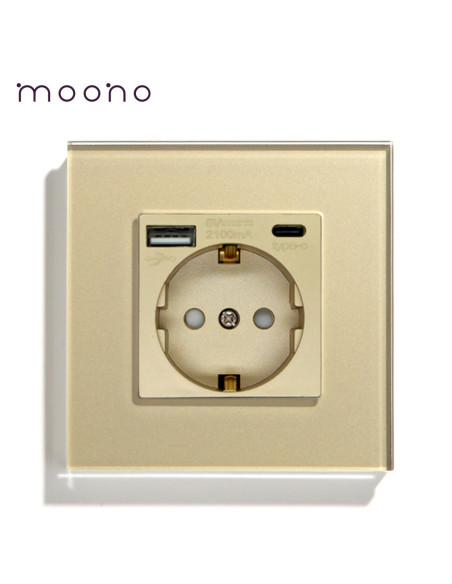 Priza Schuko + USB A + USB C, ramă din sticlă, Moono, auriu