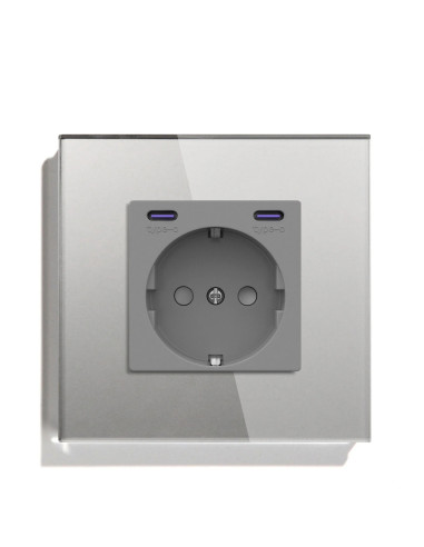Priza Schuko + USB C + USB C, ramă din sticlă, Moono, gri