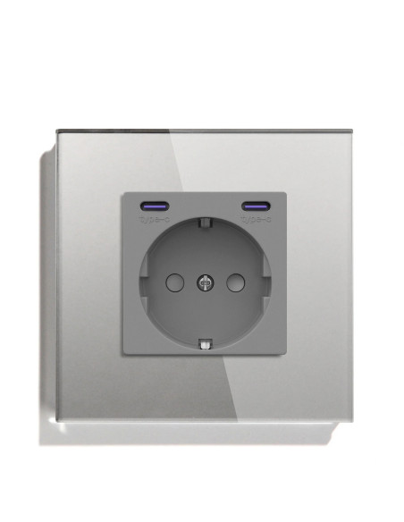 Priza Schuko + USB C + USB C, ramă din sticlă, Moono, gri