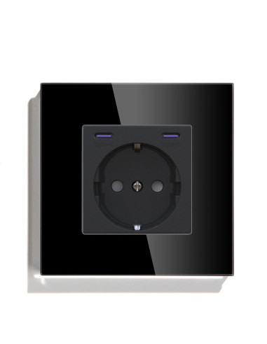 Priza Schuko + USB C + USB C, ramă din sticlă, Moono, negru