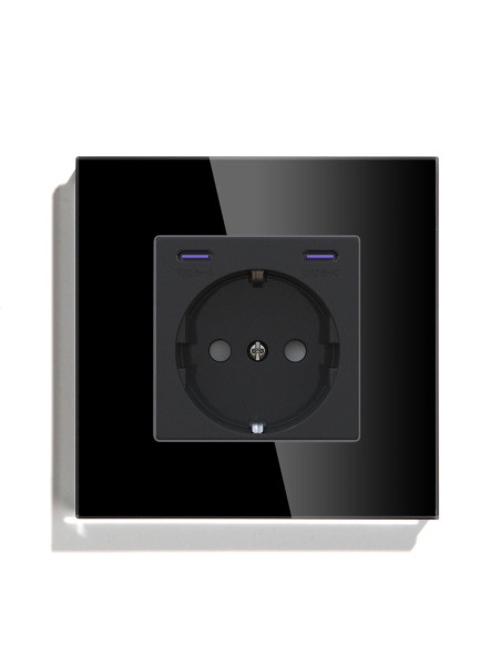 Priza Schuko + USB C + USB C, ramă din sticlă, Moono, negru