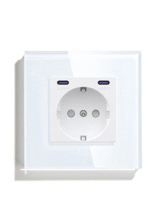 Priza Schuko + USB C + USB C, ramă din sticlă, Moono, alb