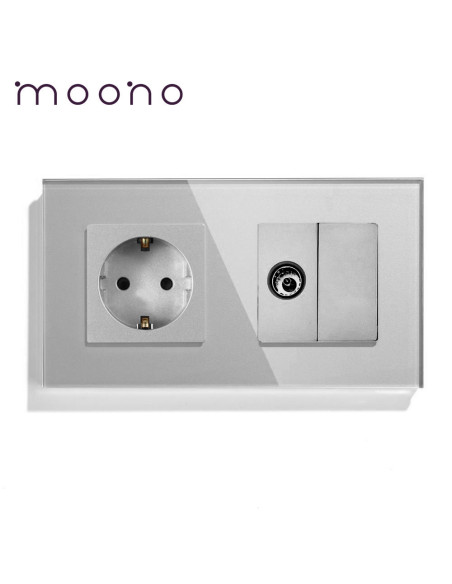 Priză Schuko + TV, ramă sticlă, Moono, gri
