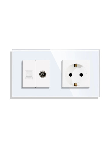 Priză Schuko + TV + Date  RJ45 CAT5e, ramă sticlă, Moono, alb