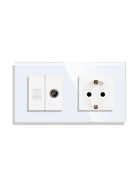 Priză Schuko + TV + Date  RJ45 CAT5e, ramă sticlă, Moono, alb