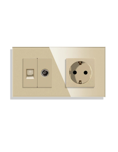 Priză Schuko + TV + Date RJ45 CAT5e, ramă sticlă, Moono, auriu
