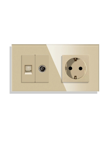 Priză Schuko + TV + Date RJ45 CAT5e, ramă sticlă, Moono, auriu