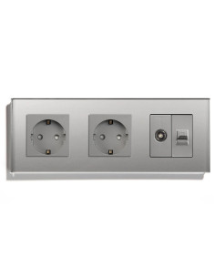 Priză dublă Schuko + TV + Date RJ45 CAT5e, ramă sticlă, Moono, gri