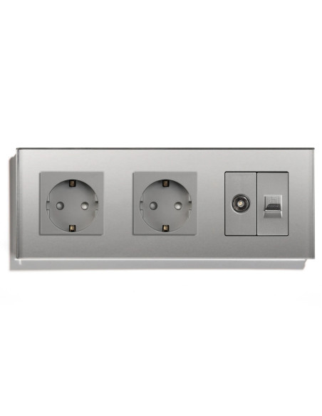 Priză dublă Schuko + TV + Date RJ45 CAT5e, ramă sticlă, Moono, gri