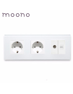 Priză dublă Schuko + TV + Date RJ45 CAT5e, ramă sticlă, Moono, alb