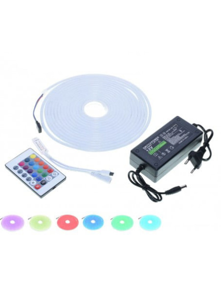 Kit Banda LED Neonflex RGB, 12V, 5 Metri, IP65, Controller 24 taste, Sursa de alimentare 5A