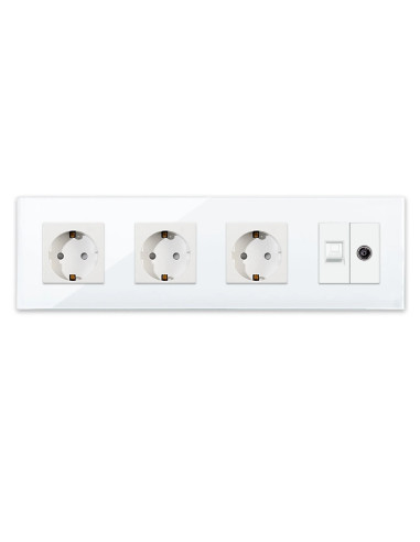 Priză triplă Schuko + TV + Date RJ45 CAT5e, ramă sticlă, Moono, alb