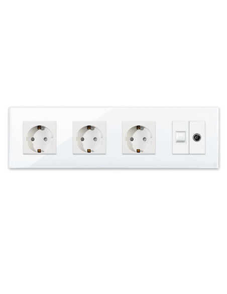 Priză triplă Schuko + TV + Date RJ45 CAT5e, ramă sticlă, Moono, alb