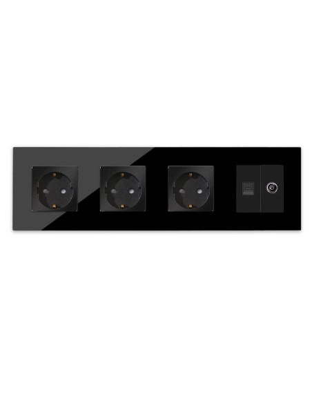 Priză triplă Schuko + TV + Date RJ45 CAT5e, ramă sticlă, Moono, negru