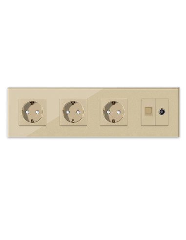 Priză triplă Schuko + TV + Date RJ45 CAT5e, ramă sticlă, Moono, auriu