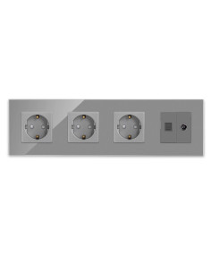 Priză triplă Schuko + TV + Date RJ45 CAT5e, ramă sticlă, Moono, gri