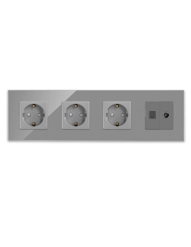 Priză triplă Schuko + TV + Date RJ45 CAT5e, ramă sticlă, Moono, gri