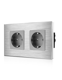 Priză Schuko dublă, ramă aluminiu, Moono, gri (pentru 2 doze)