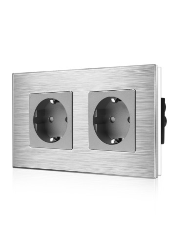 Priză Schuko dublă, ramă aluminiu, Moono, gri (pentru 2 doze)