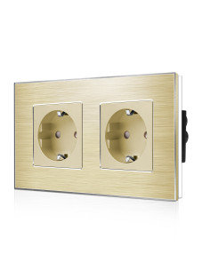 Priză Schuko Dublă Moono 16A cu Ramă din Aluminiu aurie, 2 Posturi