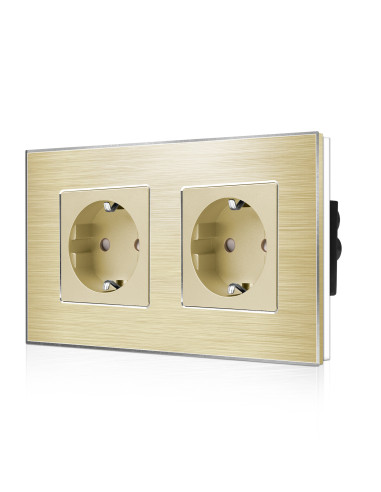 Priză Schuko dublă, ramă aluminiu, Moono, auriu (pentru 2 doze)