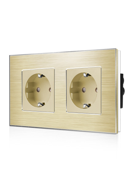 Priză Schuko dublă, ramă aluminiu, Moono, auriu (pentru 2 doze)