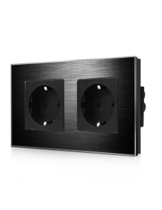 Priză Schuko Dublă Moono 16A cu Ramă din Aluminiu neagră, 2 Posturi
