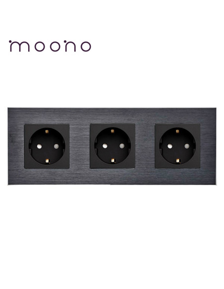 Priză Schuko triplă, ramă aluminiu, Moono, negru