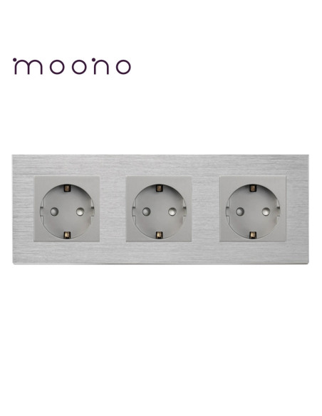 Priză Schuko triplă, ramă aluminiu, Moono, gri